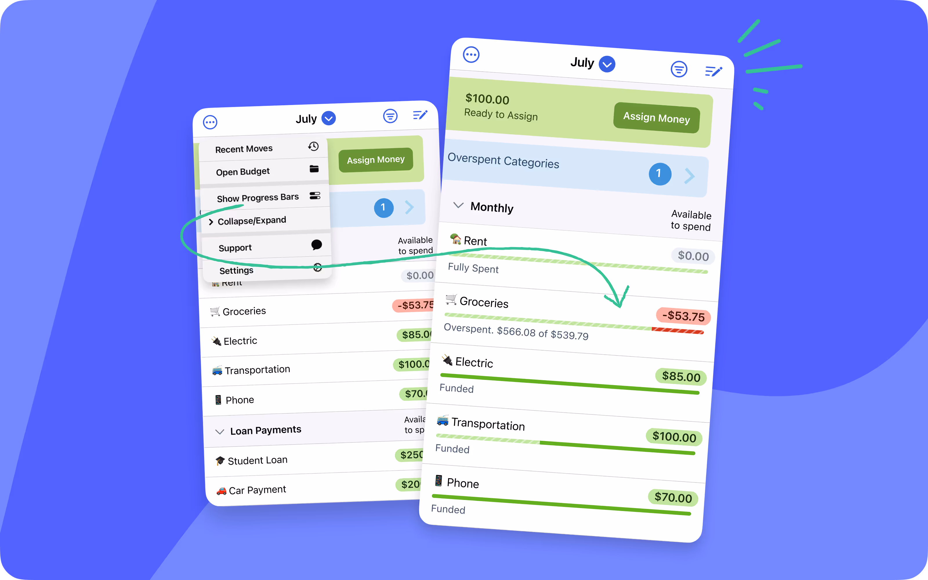 A screenshot of the YNAB mobile with progress bars and another showing them turned off